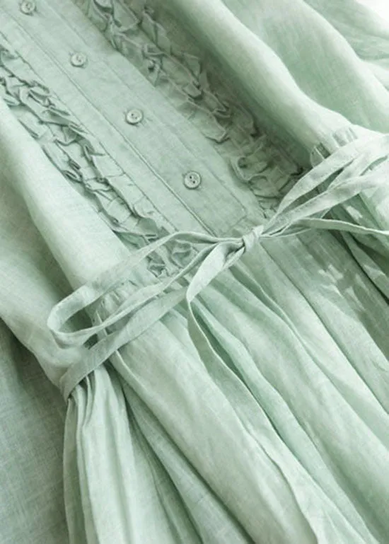 Light Green Patchwork Linen Dresses Ruffled Button Summer LY7206