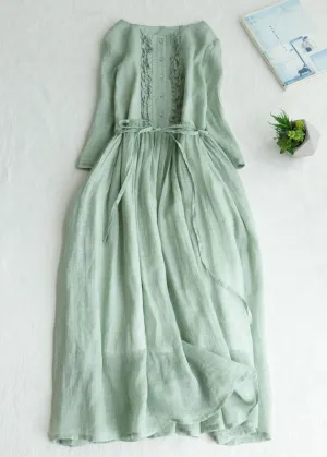 Light Green Patchwork Linen Dresses Ruffled Button Summer LY7206