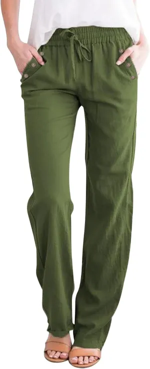 Linen Pants for Women Summer Drawstring Pockets Wide Leg Loose Casual Cotton Linen Palazzo Pants Beach Yoga Pant