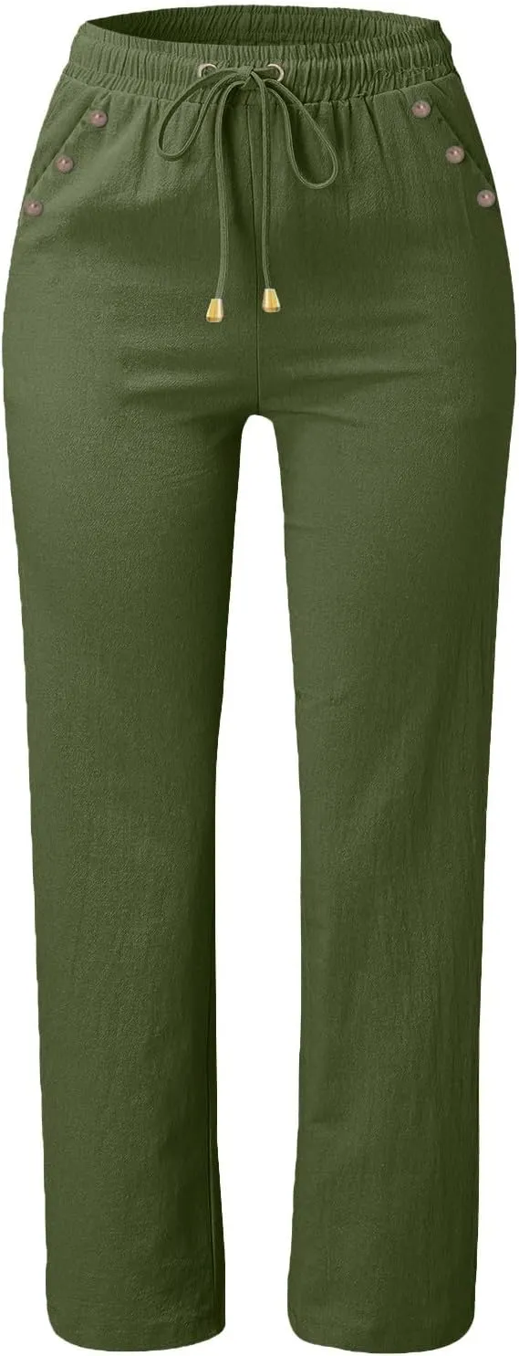 Linen Pants for Women Summer Drawstring Pockets Wide Leg Loose Casual Cotton Linen Palazzo Pants Beach Yoga Pant