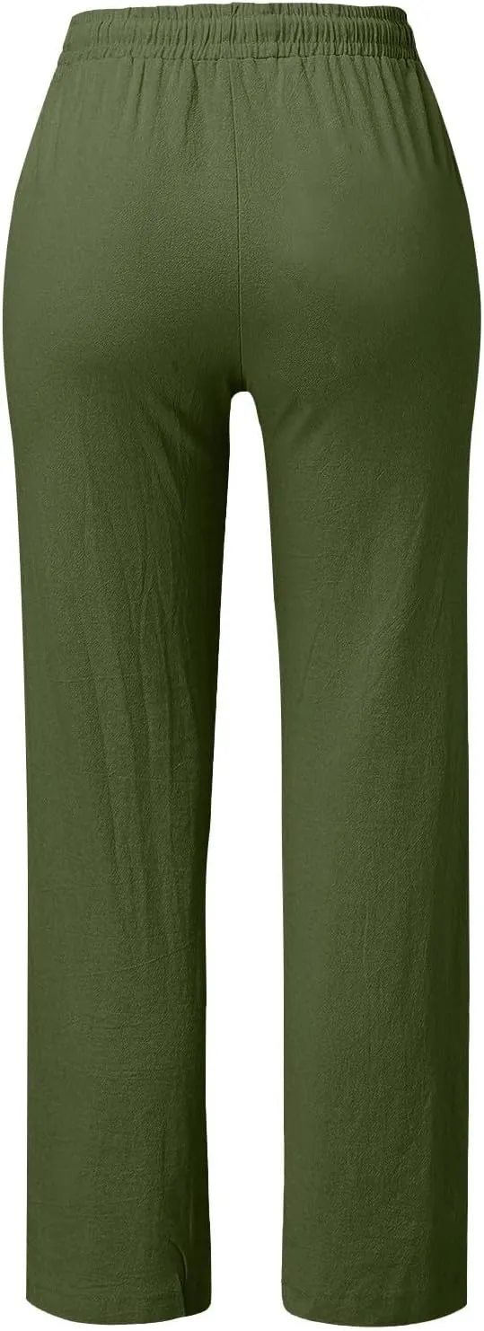 Linen Pants for Women Summer Drawstring Pockets Wide Leg Loose Casual Cotton Linen Palazzo Pants Beach Yoga Pant