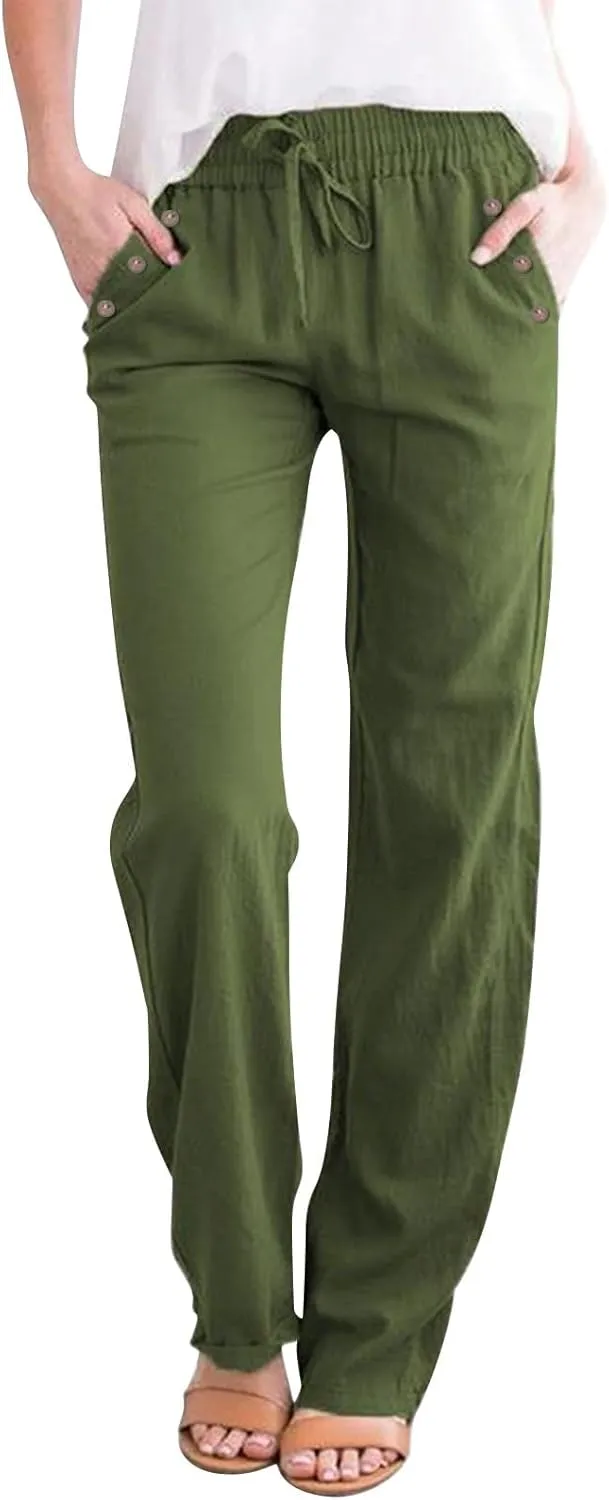 Linen Pants for Women Summer Drawstring Pockets Wide Leg Loose Casual Cotton Linen Palazzo Pants Beach Yoga Pant
