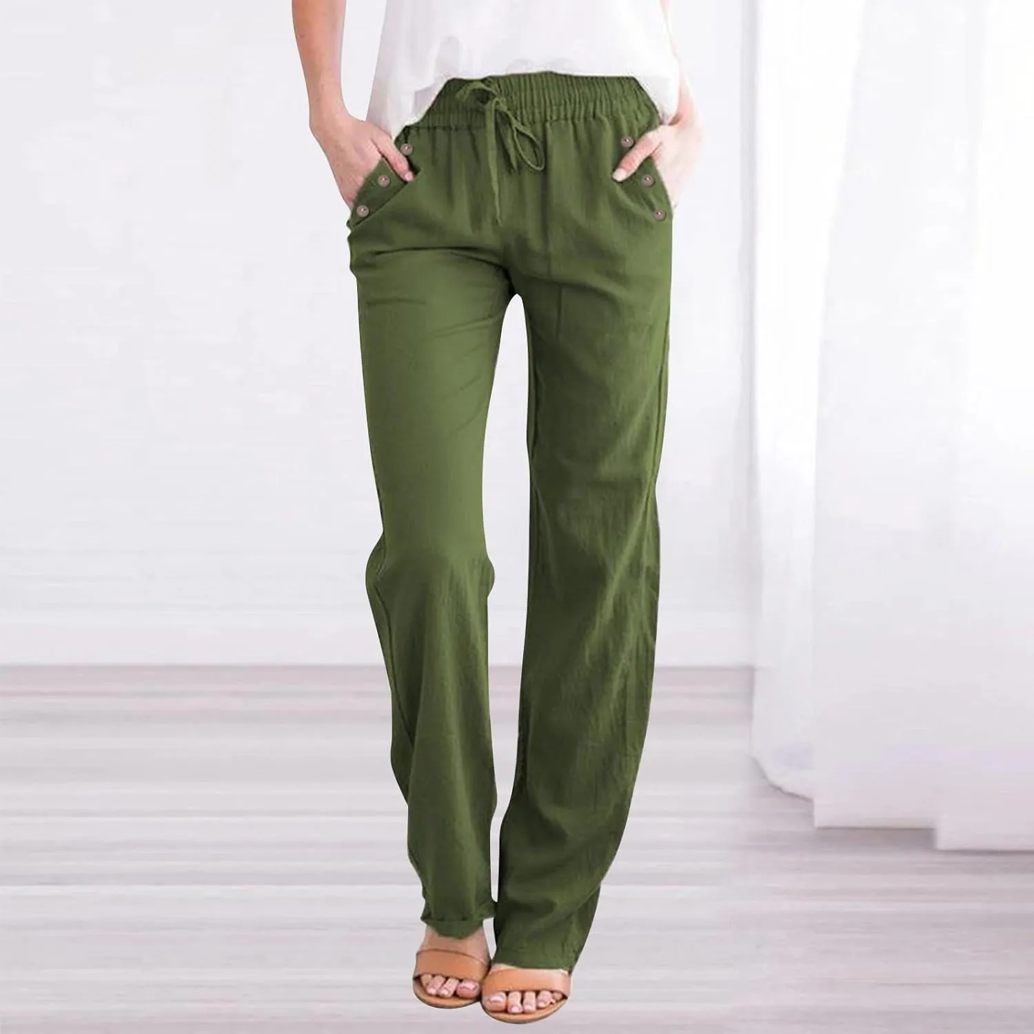 Linen Pants for Women Summer Drawstring Pockets Wide Leg Loose Casual Cotton Linen Palazzo Pants Beach Yoga Pant