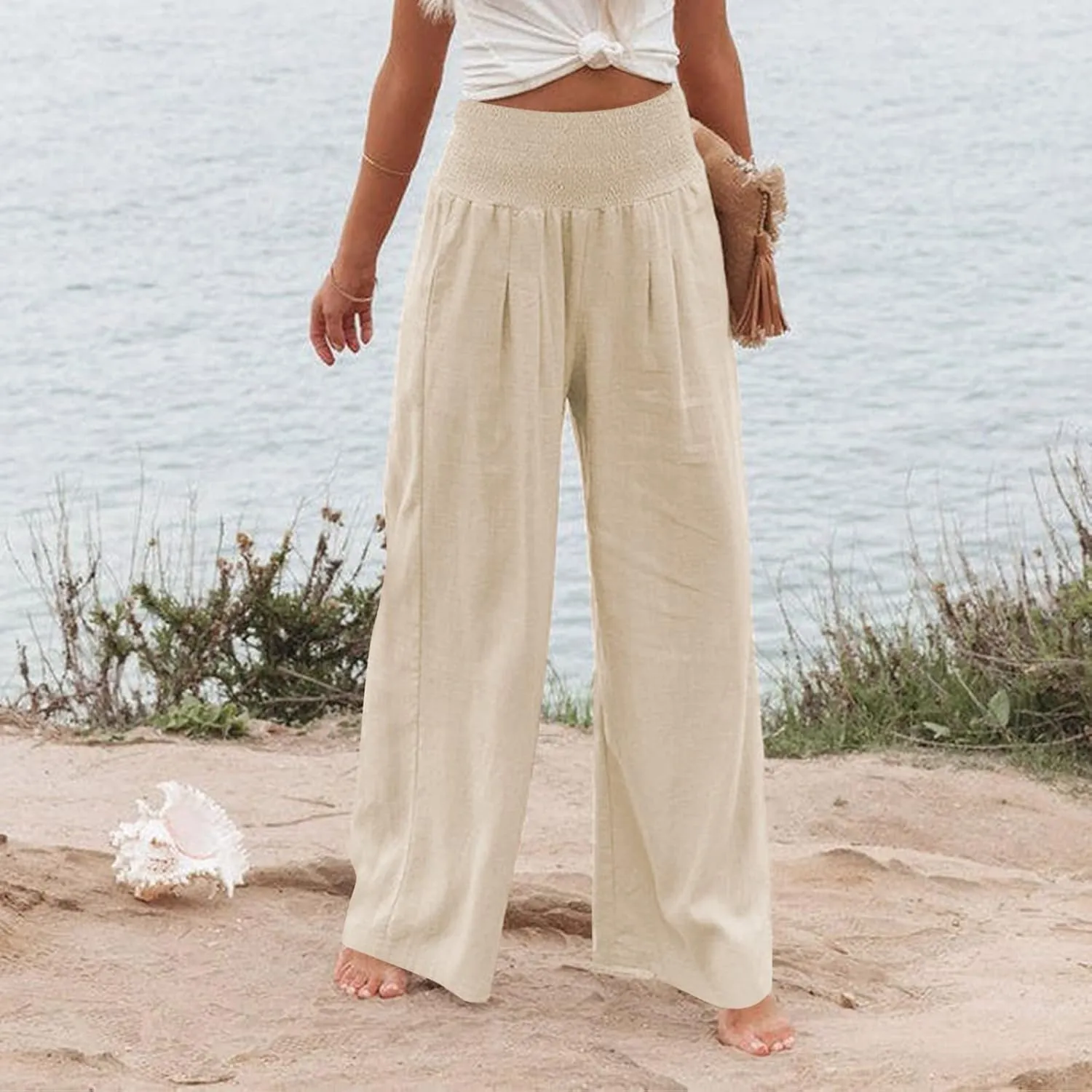 Linen Pants Women Baggy Wide Leg Flowy Beach Pants Elastic High Waisted Smocked Tummy Control Vacation Pants with Pockets