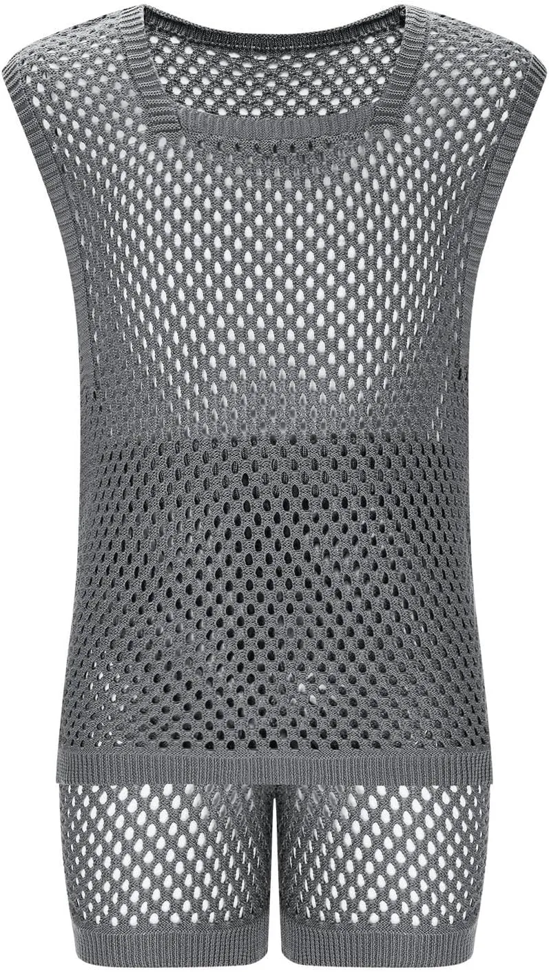 Mens 2 Piece Vests Shorts Match Sets Cami Tank Thin Keyhole Eyelet Basic Crochet Top Shorts Sets for Man Summer 2025