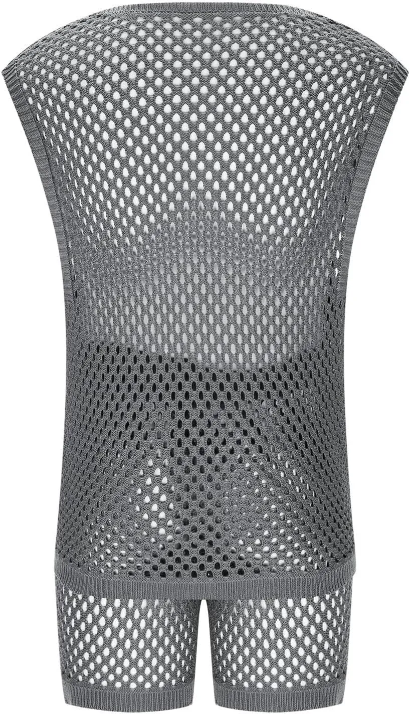 Mens 2 Piece Vests Shorts Match Sets Cami Tank Thin Keyhole Eyelet Basic Crochet Top Shorts Sets for Man Summer 2025