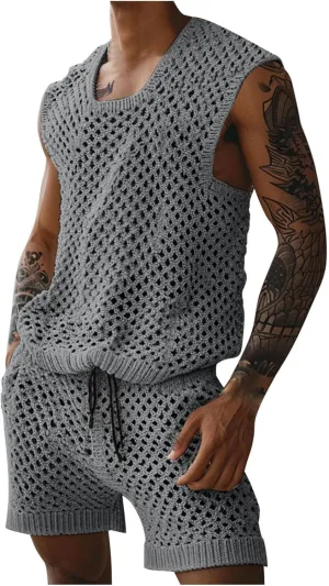 Mens 2 Piece Vests Shorts Match Sets Cami Tank Thin Keyhole Eyelet Basic Crochet Top Shorts Sets for Man Summer 2025