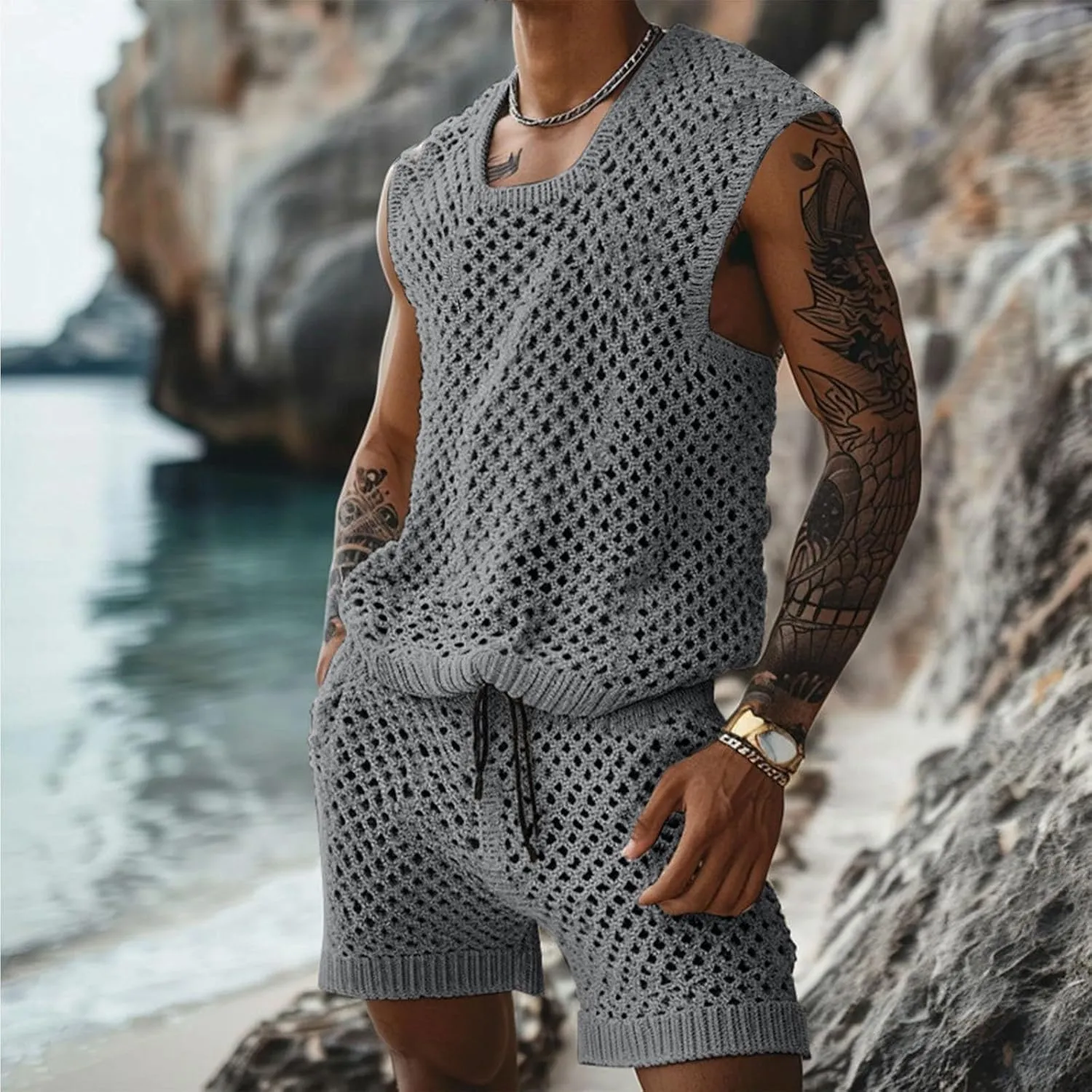Mens 2 Piece Vests Shorts Match Sets Cami Tank Thin Keyhole Eyelet Basic Crochet Top Shorts Sets for Man Summer 2025