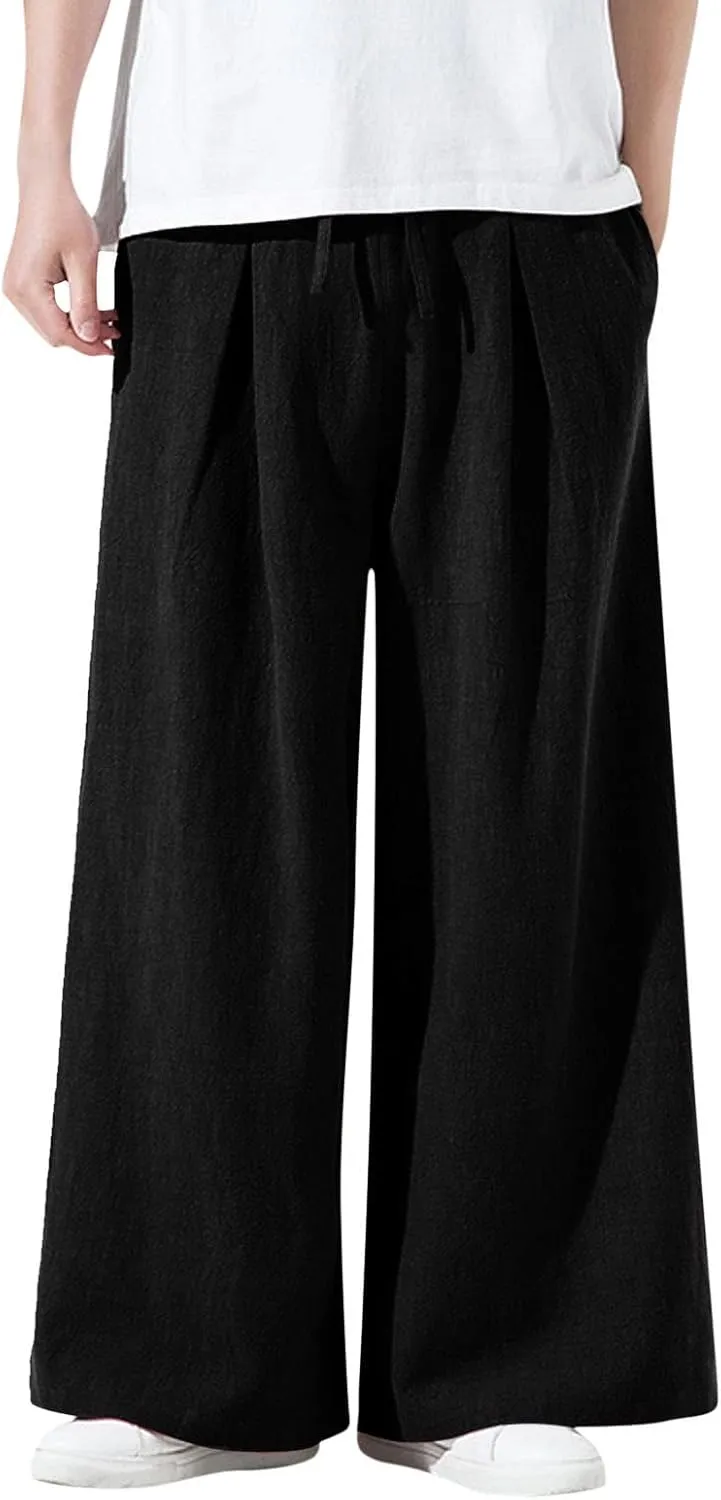 Mens Wide Leg Casual Yoga Harem Pants Linen Hip Hop Hippie Joggers Pants Big and Tall Loose Fit Straight-Leg Trousers