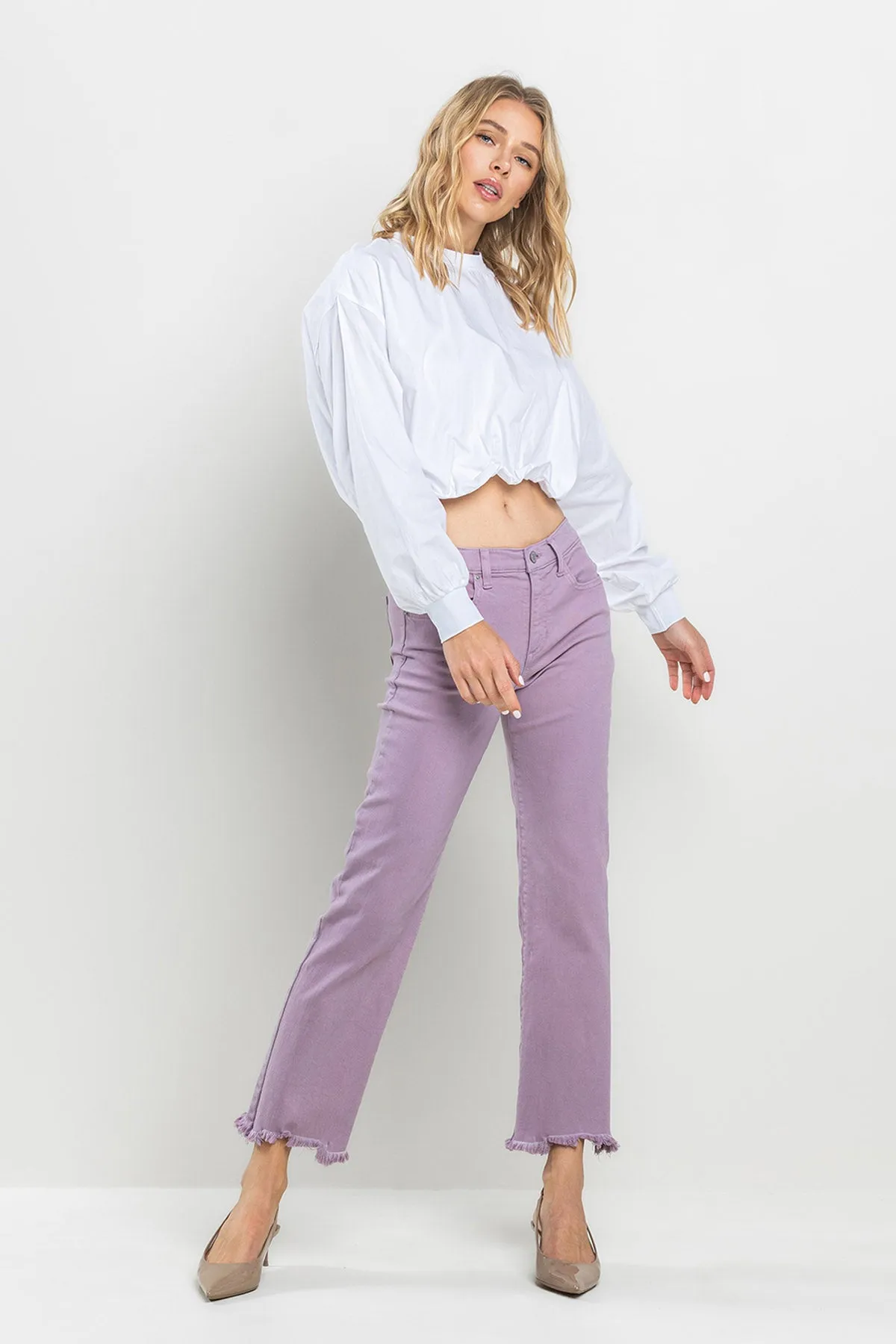 MID RISE STRAIGHT JEANS IN ELDER BERRY WITH FRAYED HEM / SP-P10626EB