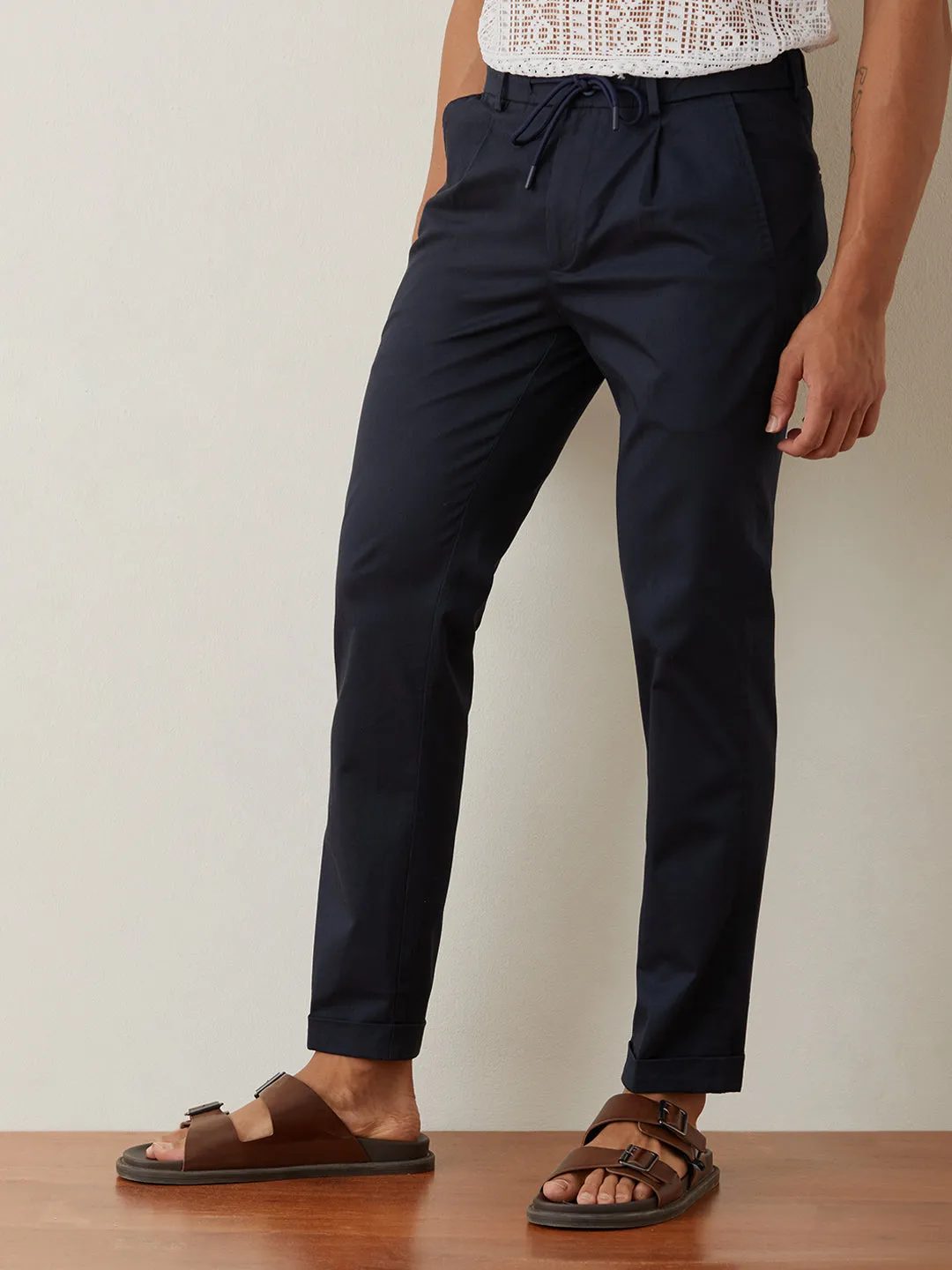 Navy Plain Cotton Loose Pants