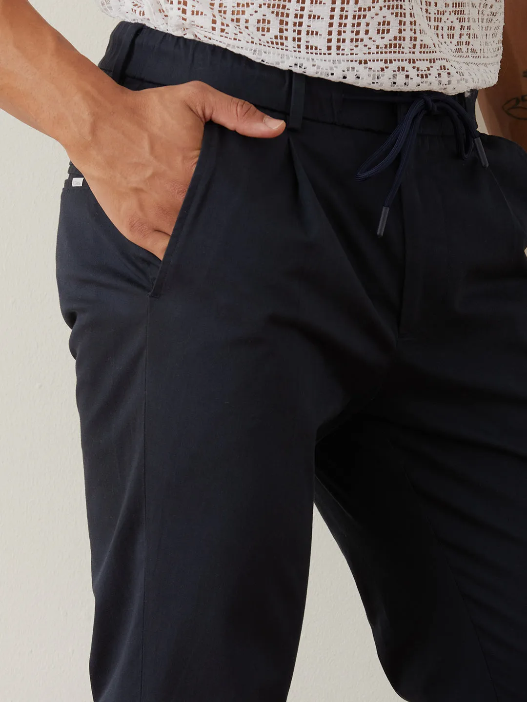 Navy Plain Cotton Loose Pants