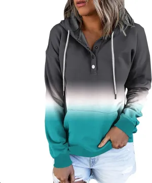 nerohusy Women Casual Button Pullover Sweatshirt V Neck Hoodies Oversized Hooded Tops with Pockets Tie Dye Long Sleeve