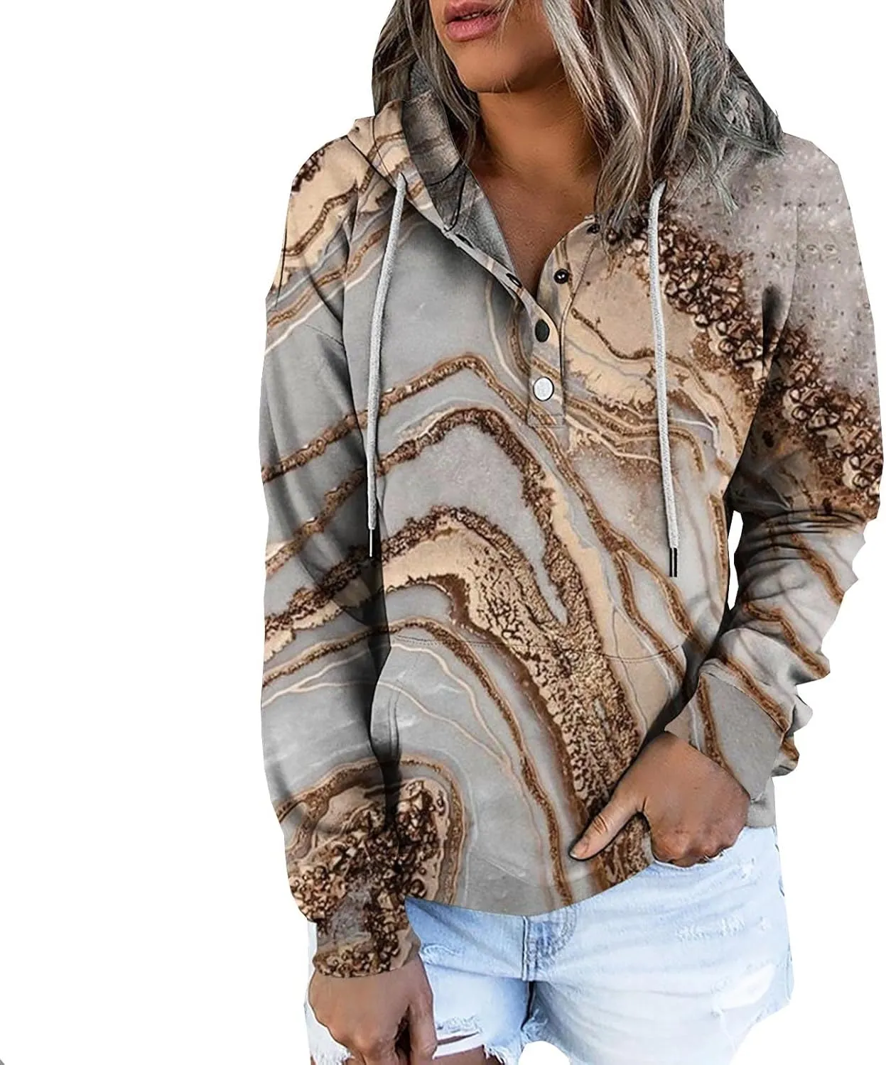 nerohusy Women Casual Button Pullover Sweatshirt V Neck Hoodies Oversized Hooded Tops with Pockets Tie Dye Long Sleeve