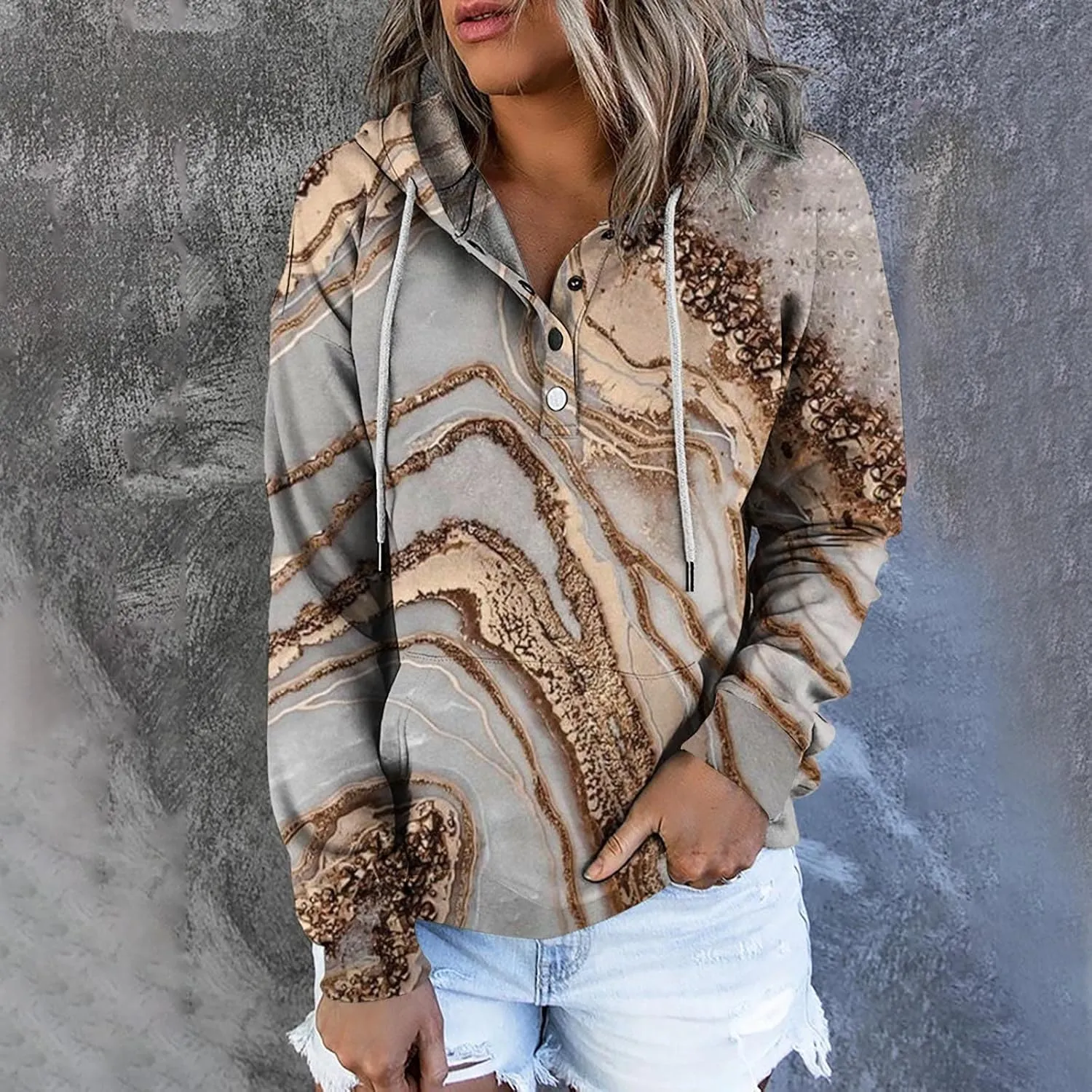 nerohusy Women Casual Button Pullover Sweatshirt V Neck Hoodies Oversized Hooded Tops with Pockets Tie Dye Long Sleeve