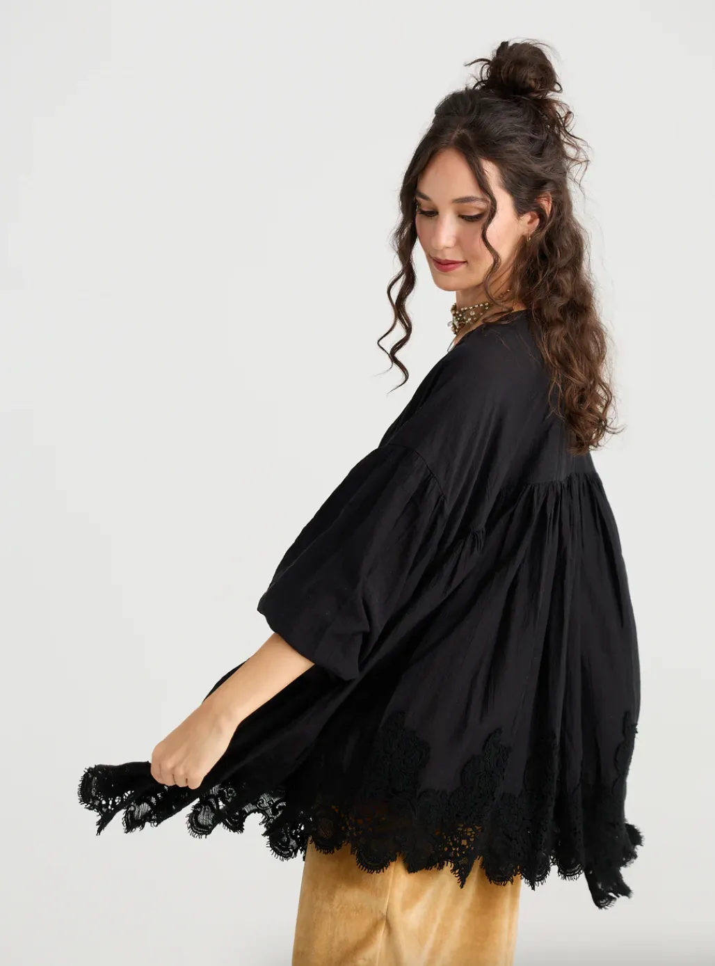 Perenelle Lace Edged Jacket/Top - Ebony