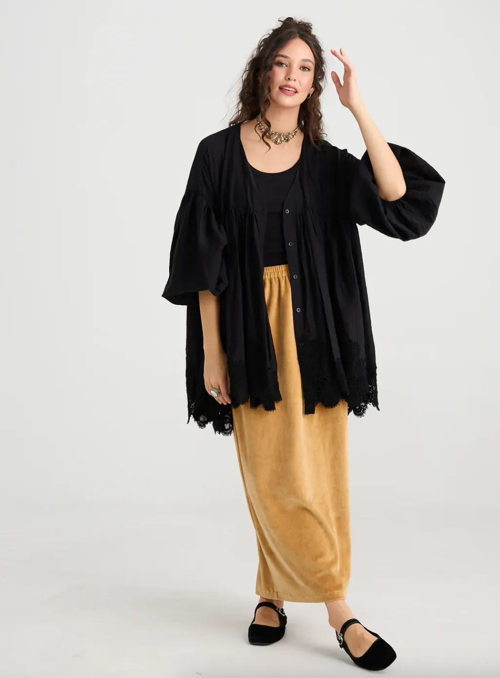 Perenelle Lace Edged Jacket/Top - Ebony