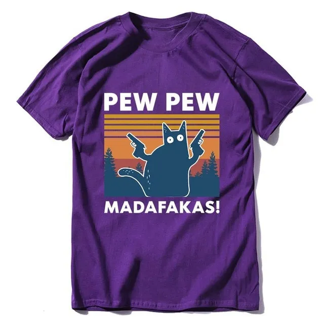 Pew Pew Madafakas 100% Cotton Shirt Novelty Funny Cat Vintage Crew Neck Men's T-Shirt Humor Top Tee