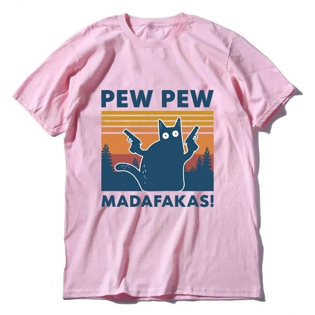 Pew Pew Madafakas 100% Cotton Shirt Novelty Funny Cat Vintage Crew Neck Men's T-Shirt Humor Top Tee