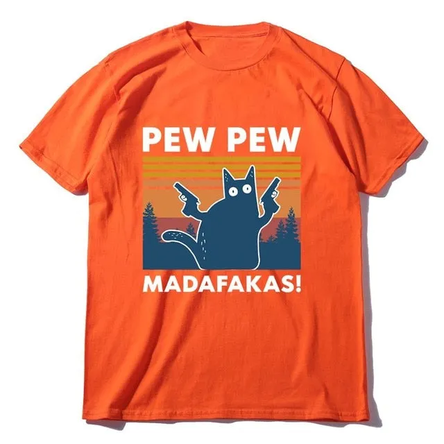 Pew Pew Madafakas 100% Cotton Shirt Novelty Funny Cat Vintage Crew Neck Men's T-Shirt Humor Top Tee