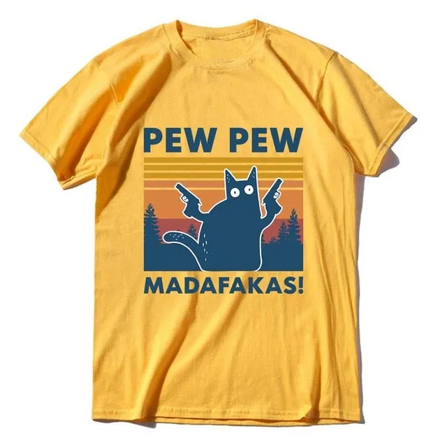 Pew Pew Madafakas 100% Cotton Shirt Novelty Funny Cat Vintage Crew Neck Men's T-Shirt Humor Top Tee
