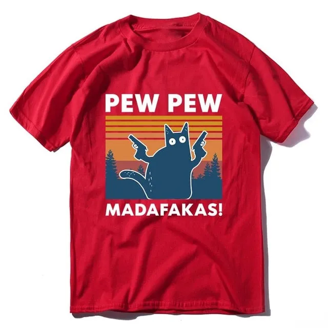 Pew Pew Madafakas 100% Cotton Shirt Novelty Funny Cat Vintage Crew Neck Men's T-Shirt Humor Top Tee