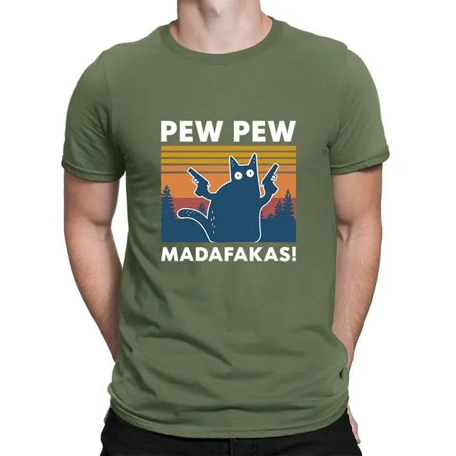 Pew Pew Madafakas 100% Cotton Shirt Novelty Funny Cat Vintage Crew Neck Men's T-Shirt Humor Top Tee