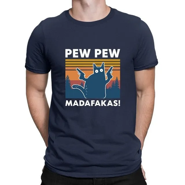 Pew Pew Madafakas 100% Cotton Shirt Novelty Funny Cat Vintage Crew Neck Men's T-Shirt Humor Top Tee