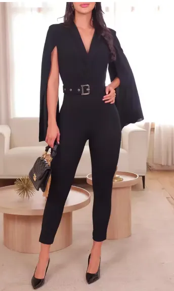 Shawl Collor Cape Sleeve Crisscross Jumpsuit with Belt Casual Overalls Women Spring Summer