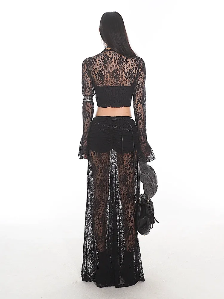Sheer Lace Crop Top and Flare Pants Set