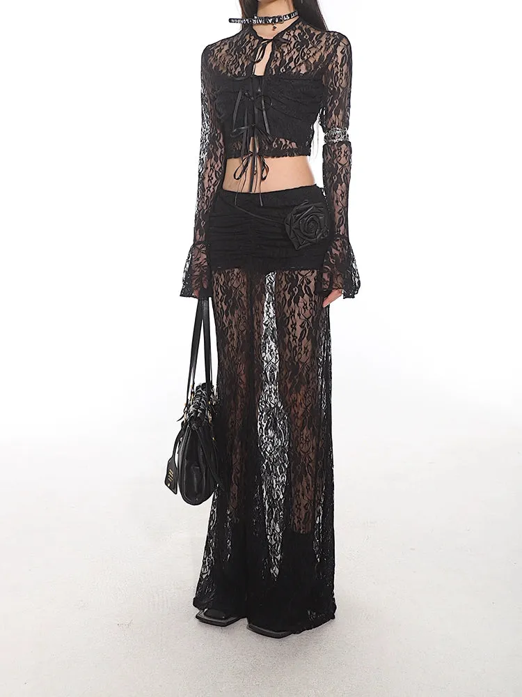 Sheer Lace Crop Top and Flare Pants Set