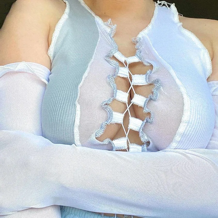 sleeveless patchwork mesh cut out holes tassel crop top