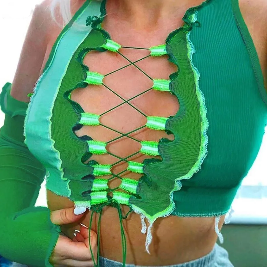 sleeveless patchwork mesh cut out holes tassel crop top