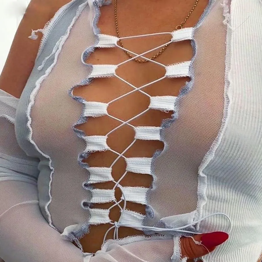 sleeveless patchwork mesh cut out holes tassel crop top