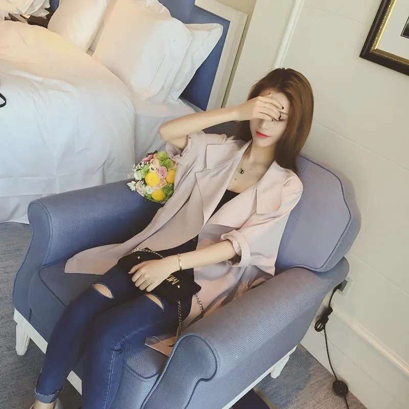 Slim 3/4 Sleeves Turn-down Collar Long Loose Coat