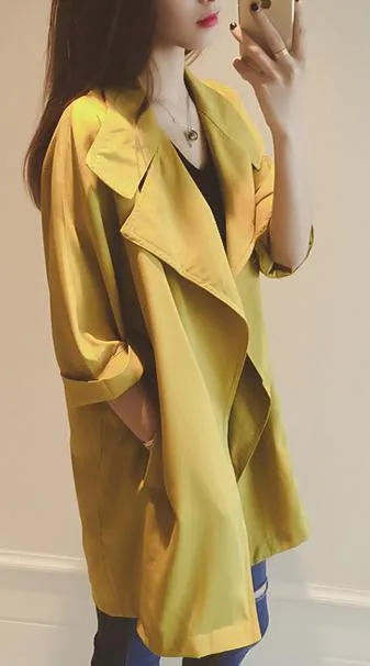 Slim 3/4 Sleeves Turn-down Collar Long Loose Coat