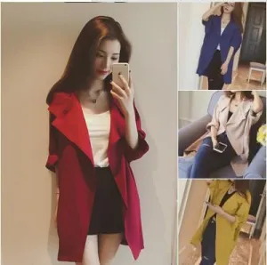 Slim 3/4 Sleeves Turn-down Collar Long Loose Coat