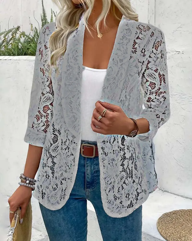 Solid color floral lace lapel elegant coat