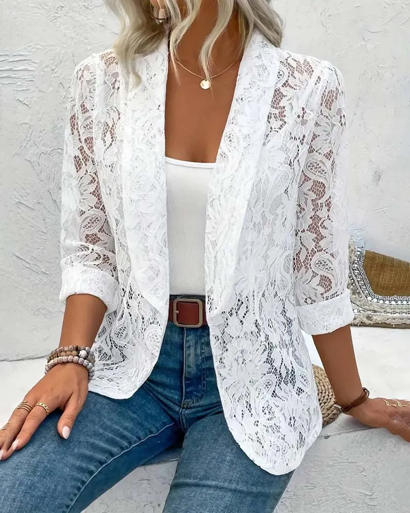 Solid color floral lace lapel elegant coat