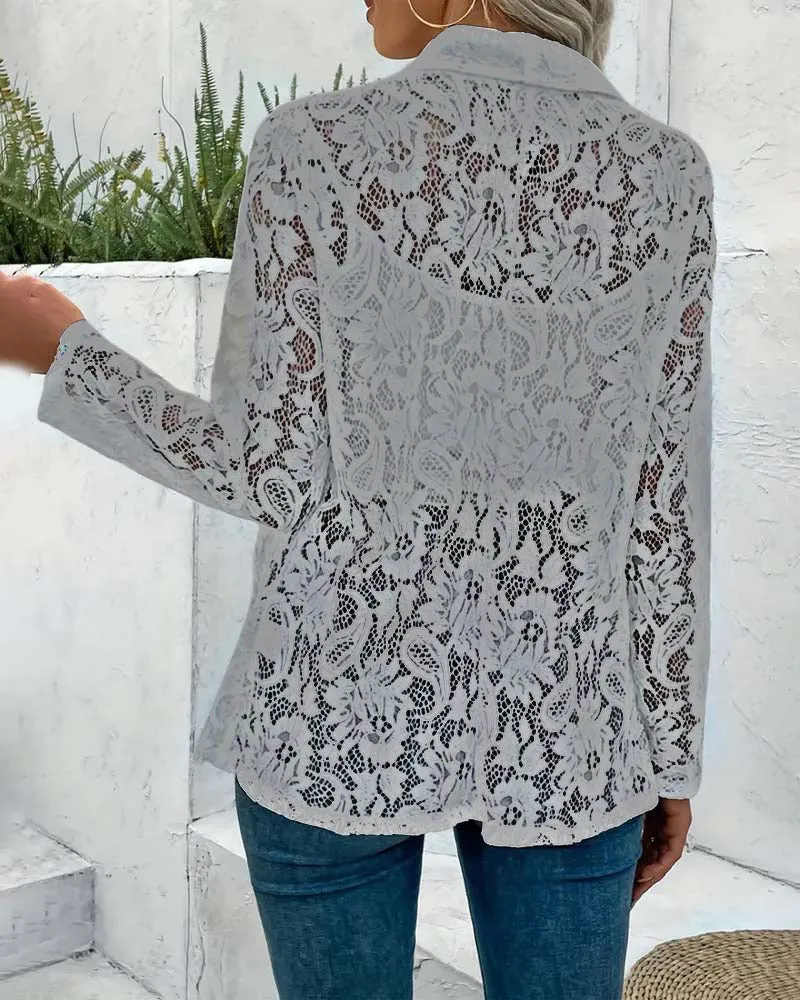 Solid color floral lace lapel elegant coat