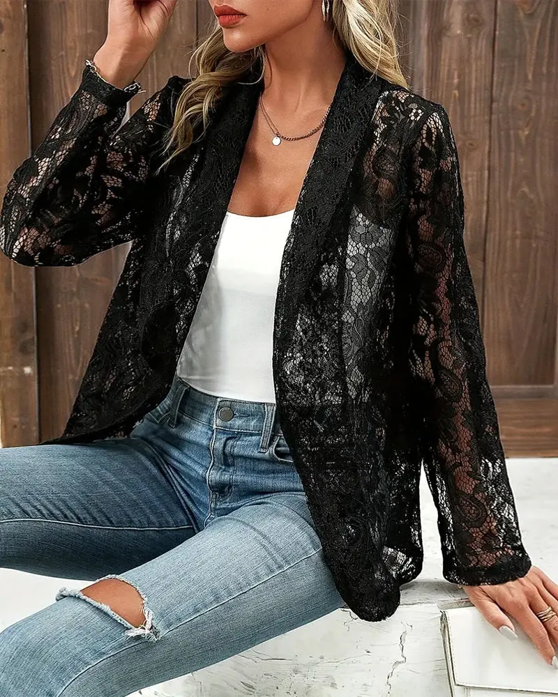 Solid color floral lace lapel elegant coat