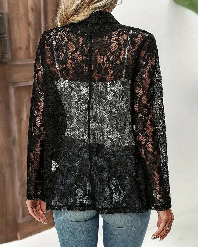 Solid color floral lace lapel elegant coat