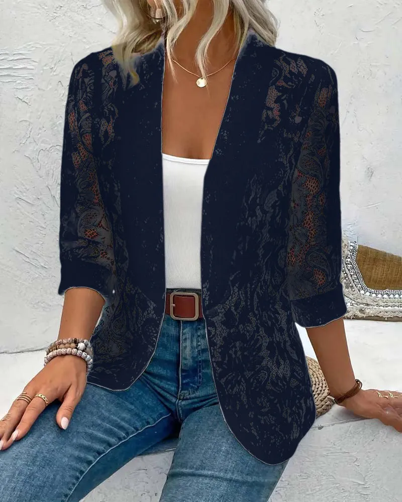 Solid color floral lace lapel elegant coat