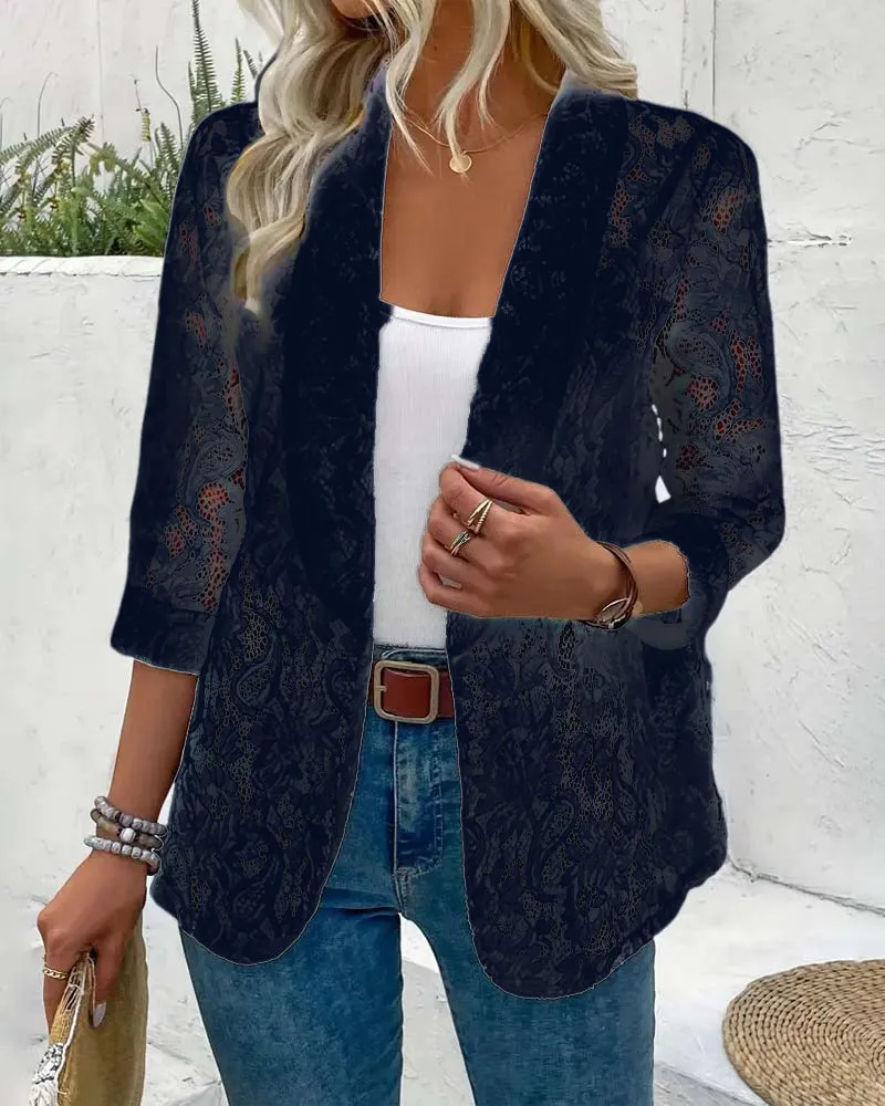 Solid color floral lace lapel elegant coat