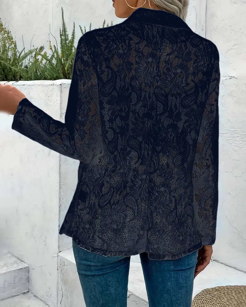 Solid color floral lace lapel elegant coat
