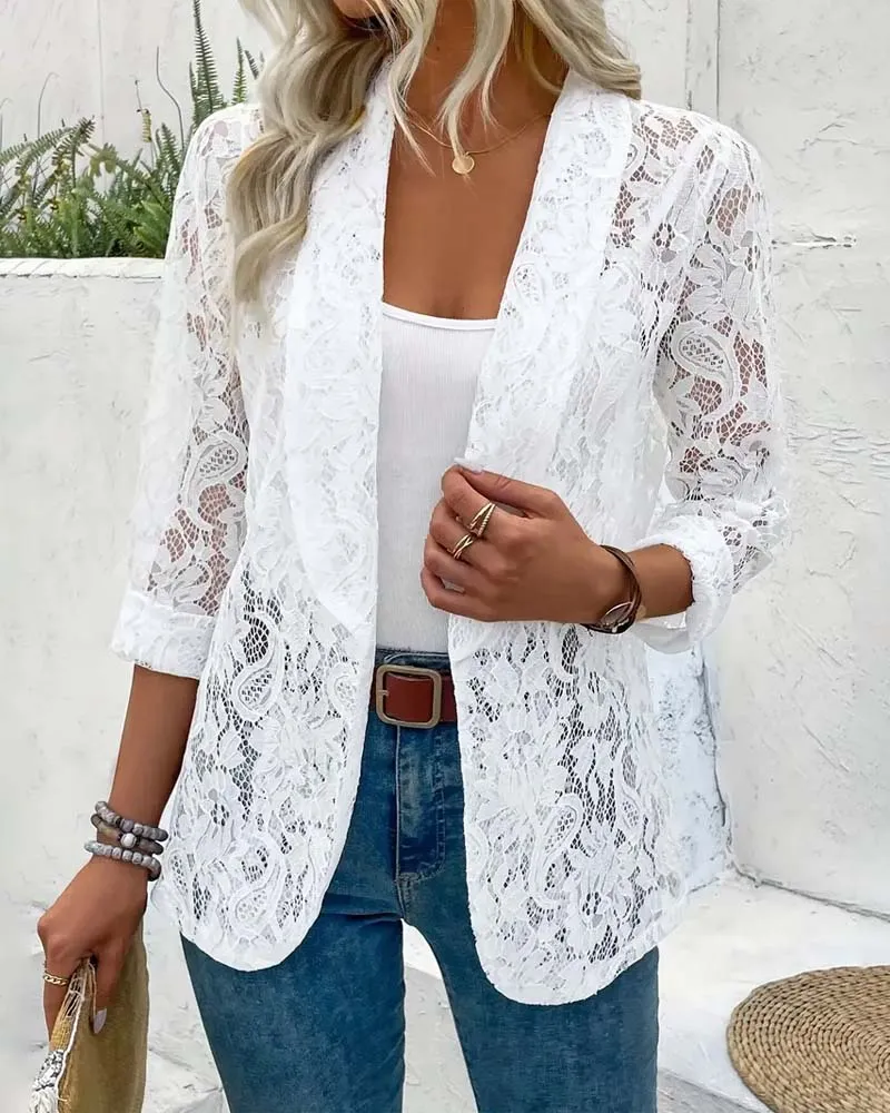 Solid color floral lace lapel elegant coat