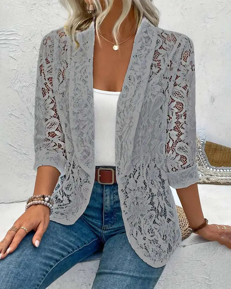 Solid color floral lace lapel elegant coat