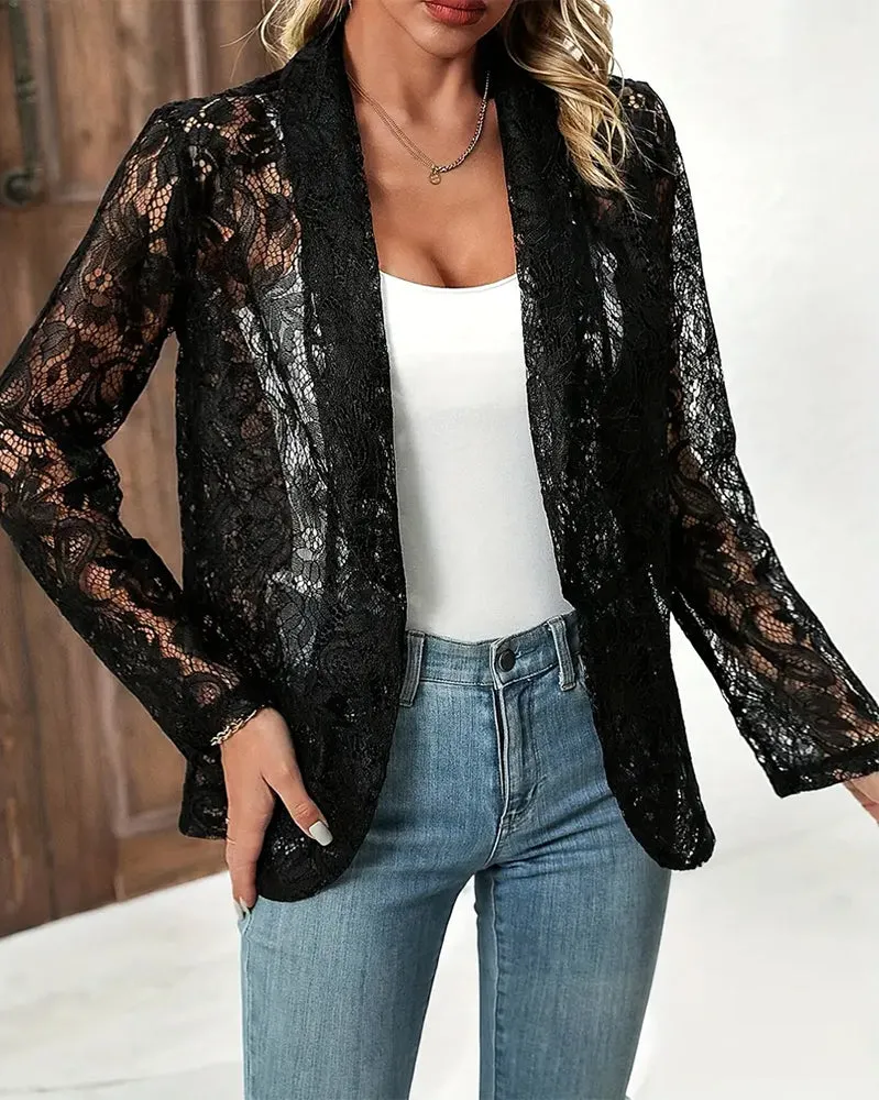 Solid color floral lace lapel elegant coat
