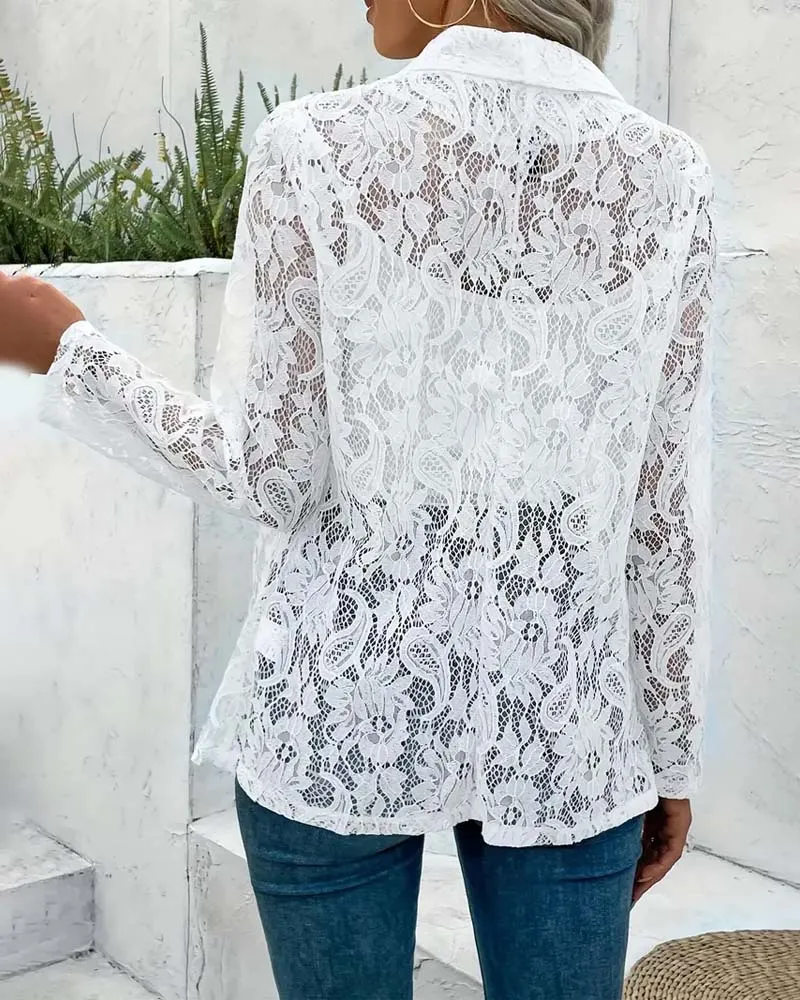 Solid color floral lace lapel elegant coat