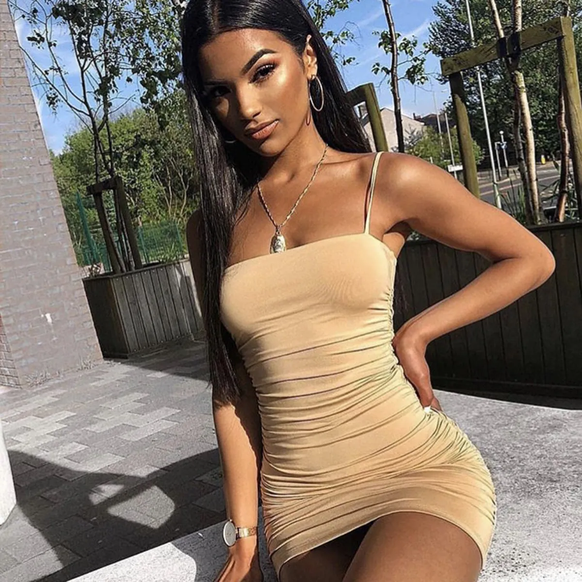 Solid Color Spaghetti Straps Women Slim Short Dress